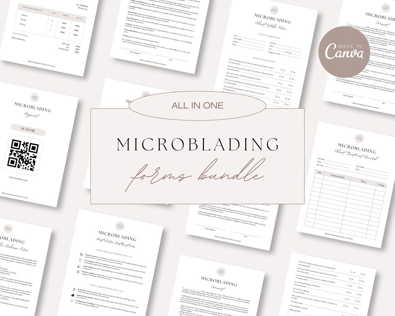 Pu&ograve; includere: Un set di moduli stampabili per servizi di microblading. I moduli sono progettati in uno stile minimalista con una tavolozza di colori neutri. Il testo "ALL IN ONE MICROBLADING forms bundle" &egrave; visualizzato in un grande carattere di scrittura a mano.