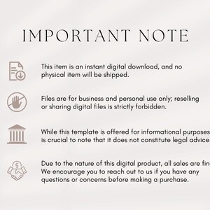 May include: Important note: This item is an instant digital download, and no physical item will be shipped. Files are for business and personal use only; reselling or sharing digital files is strictly forbidden. While this template is offered for informational purposes, it is crucial to note that it does not constitute legal advice. Due to the nature of this digital product, all sales are final. We encourage you to reach out to us if you have any questions or concerns before making a purchase.
