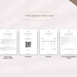 Pu&ograve; includere: Quattro modelli stampabili per aziende di microblading. I modelli includono istruzioni post-trattamento, una ricevuta di pagamento, una fattura e un modulo di feedback dei clienti. I modelli sono in formato US letter e A4.