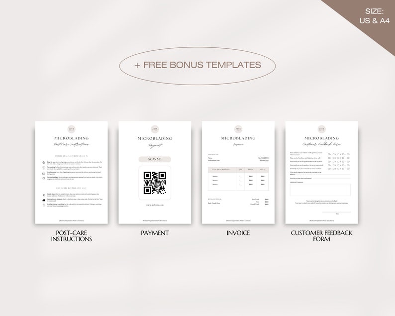 Pu&ograve; includere: Quattro modelli stampabili per aziende di microblading. I modelli includono istruzioni post-trattamento, una ricevuta di pagamento, una fattura e un modulo di feedback dei clienti. I modelli sono in formato US letter e A4.