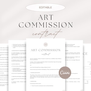 May include: A stack of art commission contracts with the word "Editable" at the top. The contracts are printed on white paper with black text. The title "ART COMMISSION contract" is displayed prominently. A "Made in Canva" logo is visible.