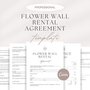 May include: A stack of white paper documents with the text "FLOWER WALL RENTAL AGREEMENT" in a stylish font. The word "template" is written in cursive. The documents are for event rentals.