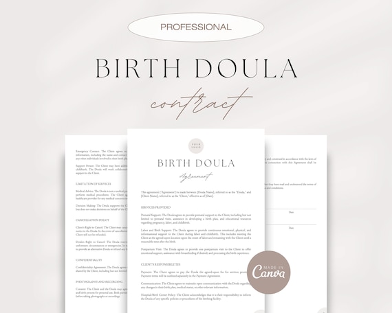 Birth Doula Contract, Doula Services Agreement, Labor and Delivery Support Contract, Doula Invoice, Doula Business Card, Editable Templates