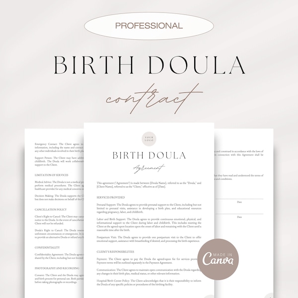 Birth Doula Contract, Doula Services Agreement, Labor and Delivery Support Contract, Doula Invoice, Doula Business Card, Editable Templates