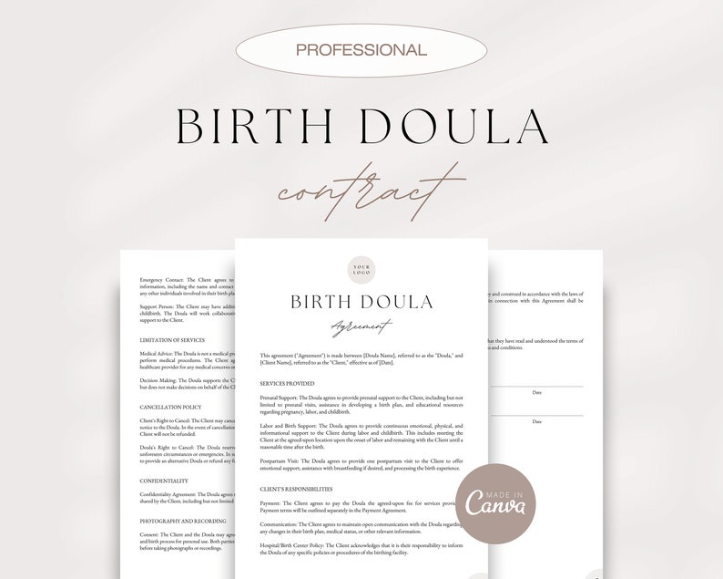 Puede incluir: Una plantilla de contrato de acuerdo de doula de parto profesional con un dise&ntilde;o minimalista. El documento incluye secciones para los servicios prestados, las responsabilidades del cliente y los t&eacute;rminos de pago. El texto est&aacute; en una fuente simple y f&aacute;cil de leer.