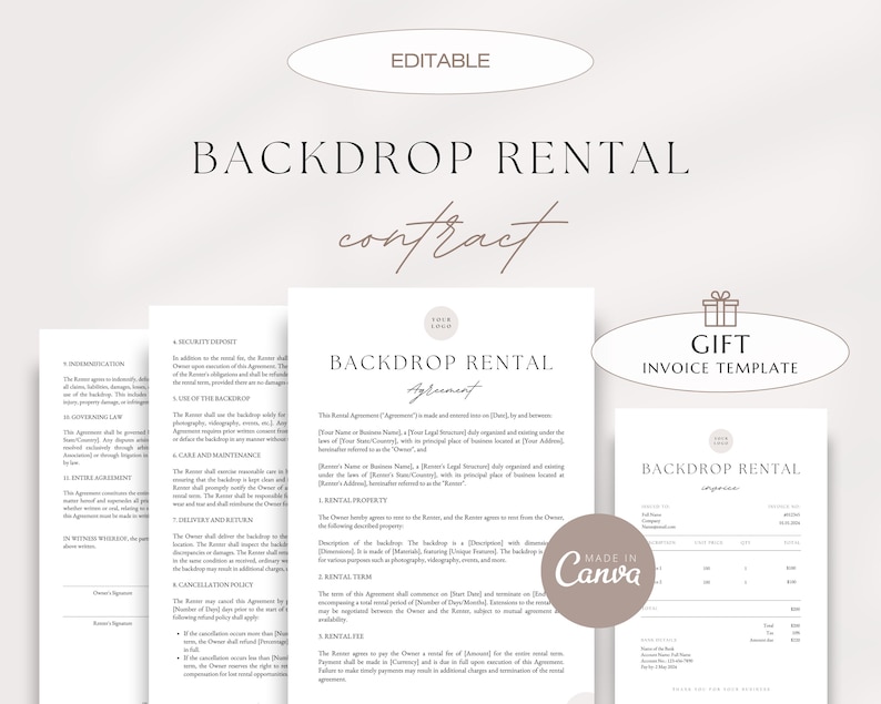 Professional Backdrop Rental Agreement, Backdrop Lease Agreement, Backdrop Rental Contract Template, Backdrop Rental Arrangement Forms image 1
