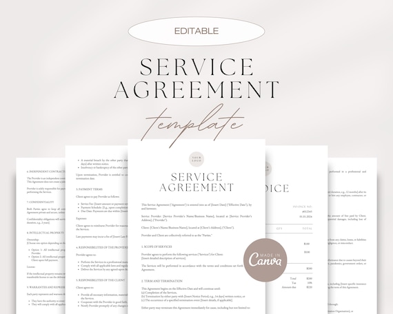Service Agreement Template, Professional Service Contract Template, Flexible and Adaptable Across Industries, Editable Canva Template