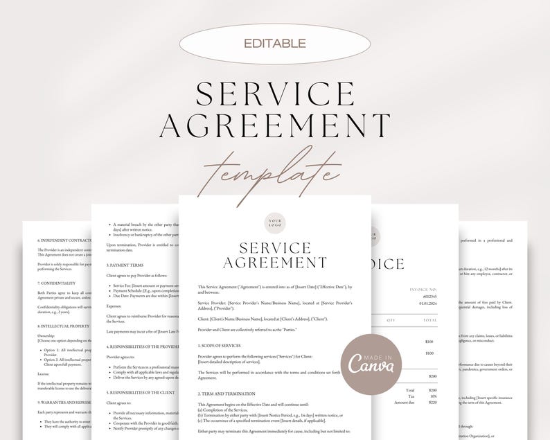 Peut inclure: Mod&egrave;le de contrat de service &eacute;ditable avec un design minimaliste. Le document comprend des sections pour d&eacute;finir la port&eacute;e des services, les conditions de paiement et les responsabilit&eacute;s du prestataire et du client. Le mod&egrave;le est con&ccedil;u pour &ecirc;tre utilis&eacute; avec Canva.