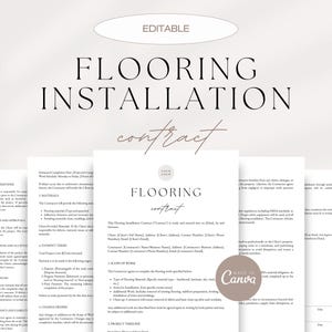 Op de afbeelding: Bewerkbare sjabloon voor een vloerinstallatiecontract met de tekst "FLOORING INSTALLATION contract" in een bruin handschrift. Het contract bevat secties voor de omvang van het werk, de projectplanning, de betalingsvoorwaarden en meer.