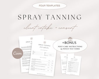 May include: Four printable templates for spray tanning client intake and consent forms. The forms include sections for client information, spray tan preferences, and a consent agreement. A bonus template for post-care instructions and a patch test form is also included.