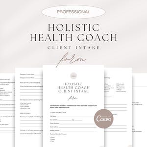 Op de afbeelding: Een stapel witte Holistic Health Coach Client Intake formulieren. De formulieren bevatten secties voor medische geschiedenis, gezondheidsdoelen en klantinformatie. De tekst "Holistic Health Coach" staat prominent weergegeven.