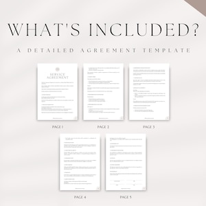 Peut inclure: Un mod&egrave;le de contrat de service de cinq pages en texte noir et blanc sur fond blanc. Le titre du document est "Service Agreement". Le document est disponible en format US Letter et A4.