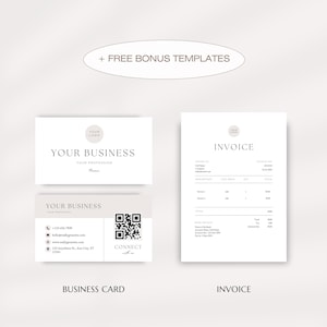 Peut inclure: Une carte de visite blanche au design minimaliste avec le texte "YOUR BUSINESS" et un logo avec les mots "YOUR LOGO". La carte comprend &eacute;galement des coordonn&eacute;es, un code QR et le texte "CONNECT". Un mod&egrave;le de facture blanche avec le texte "INVOICE" et un logo avec les mots "YOUR LOGO".