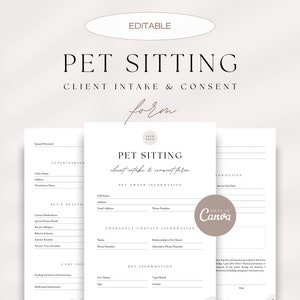 Pet Sitter Client Intake & Consent Form, Pet Sitter Consent, Pet Care Client Information Form, Dog Intake Form, Editable Canva Templates