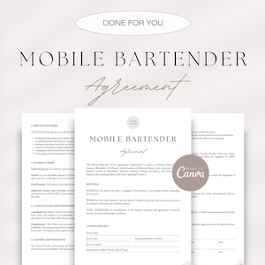 May include: A printable mobile bartender agreement template with a modern design. The document includes sections for services provided, payment terms, cancellation and postponement, licenses and insurance, event details, and signatures.