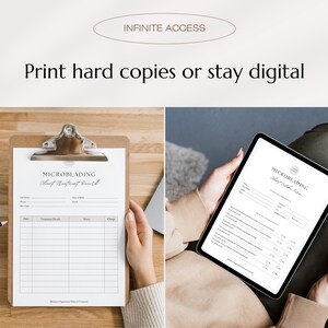 Pu&ograve; includere: Un registro di trattamento cliente di microblading digitale e stampabile. Il registro include sezioni per le informazioni del cliente, i dettagli del trattamento, le note e le spese. L'immagine mostra una persona che tiene un tablet e una persona che tiene un portafoglio con lo stesso modulo.