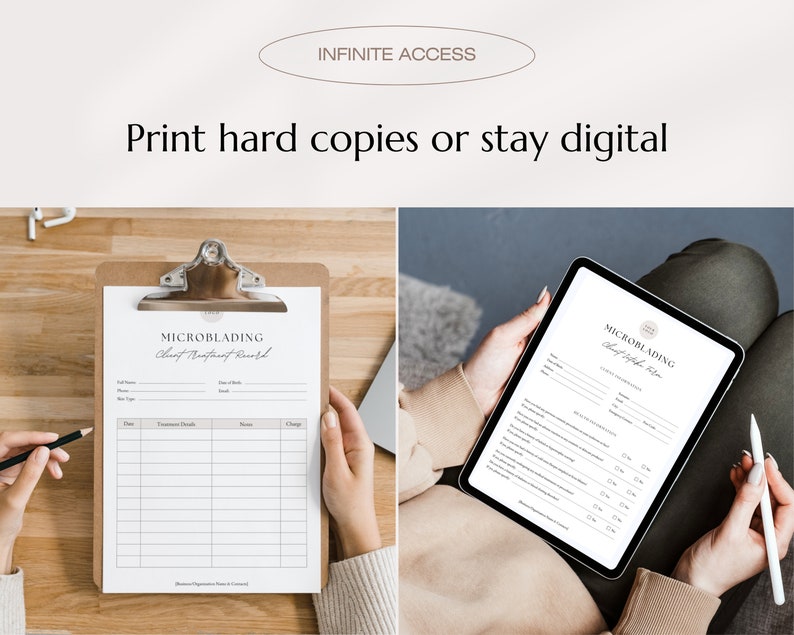 Pu&ograve; includere: Un registro di trattamento cliente di microblading digitale e stampabile. Il registro include sezioni per le informazioni del cliente, i dettagli del trattamento, le note e le spese. L'immagine mostra una persona che tiene un tablet e una persona che tiene un portafoglio con lo stesso modulo.