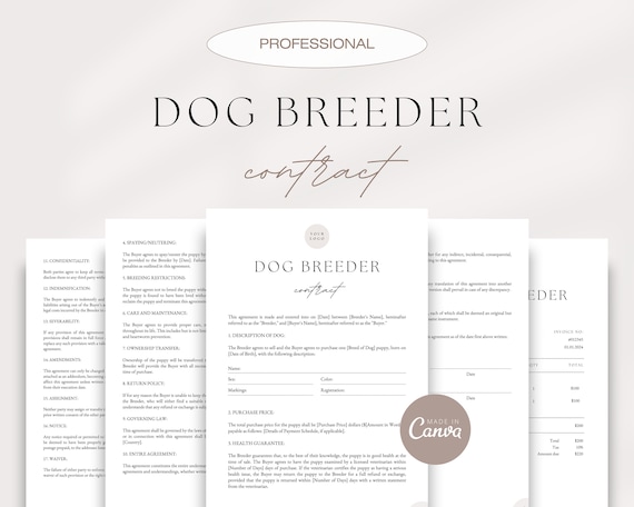 Professional Dog Breeder Contract, Puppy Contract, Pet Adoption Contract, Pet Sales Contract, Dog Sale Agreement, Canva Breeder Templates