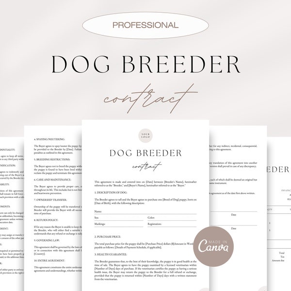 Professional Dog Breeder Contract, Puppy Contract, Pet Adoption Contract, Pet Sales Contract, Dog Sale Agreement, Canva Breeder Templates