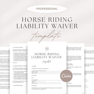 May include: A professional-looking horse riding liability waiver template. The document features the title "HORSE RIDING LIABILITY WAIVER" in a bold, elegant font. The template includes sections for activities covered, release and waiver, and participant information.