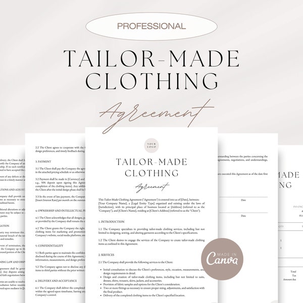 Professional Tailor Made Clothing Agreement, Custom Garment Contract Template, Bespoke Clothing Agreement, Tailored Apparel Contract