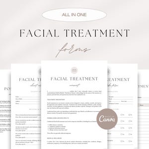 May include: A collection of white facial treatment forms, each with the words "FACIAL TREATMENT" in elegant typography. The forms cover client details, consent, and medical history. The phrase "ALL IN ONE" is displayed at the top.
