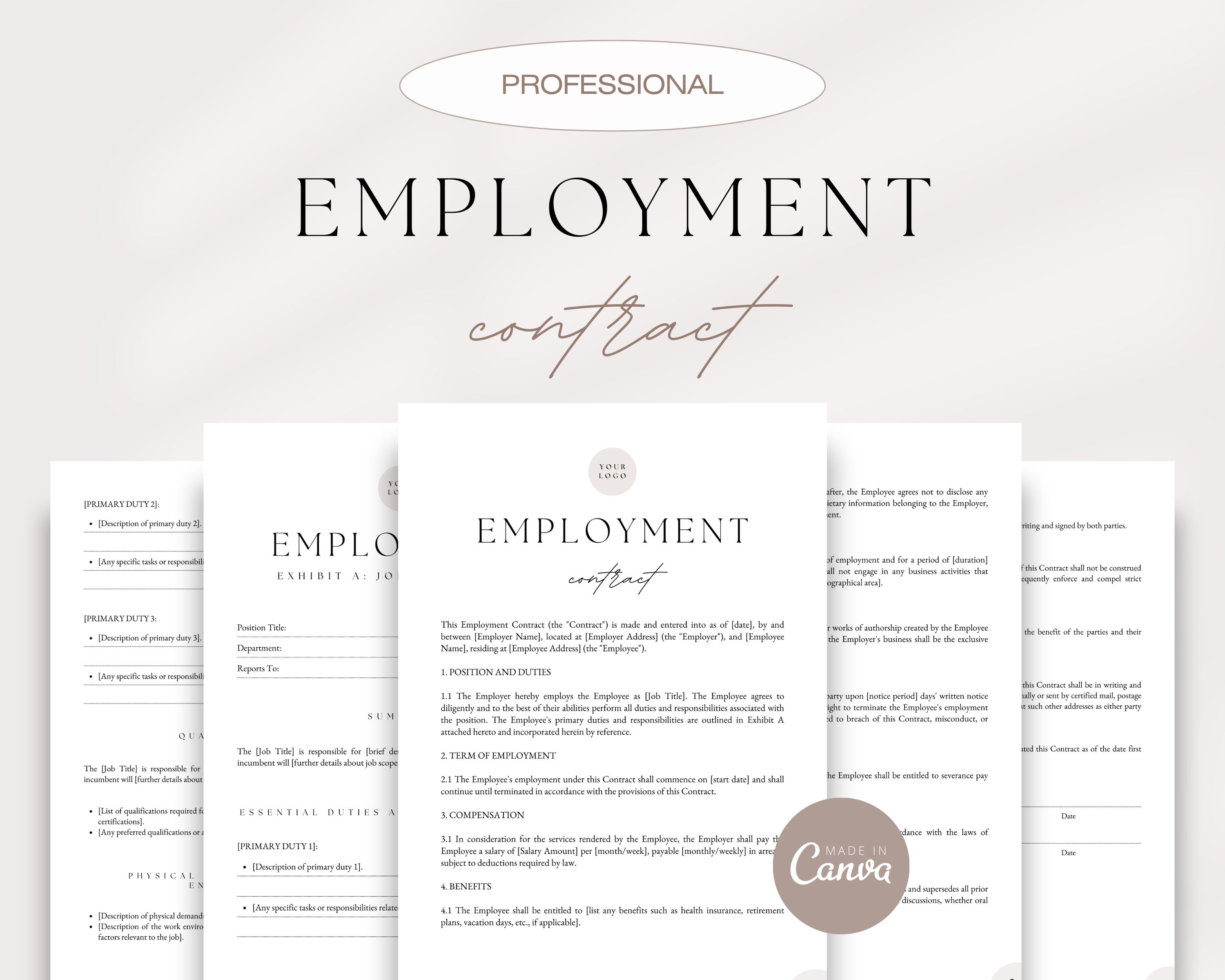 Professional Employment Contract Bundle, Employment Agreement Template, Small Business Employment Contract, Editable Employment Templates