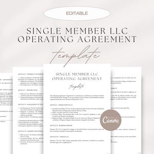 May include: Editable template for a single member LLC operating agreement. The document includes sections for member contributions, distribution, management, banking, and financing. The template is designed for use by businesses organized under the laws of the State of [State].