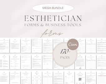 May include: A collection of esthetician forms and business tools, including forms for price lists, facial treatments, and invoices. The image features the text "Mega Bundle" and "Esthetician Forms & Business Tools" with over 170 pages, all designed in Canva.