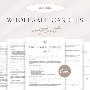 May include: Editable contract template for wholesale candles. The document includes sections for payment terms, delivery, inspection and acceptance, return policy, confidentiality, cancellation policy, and a minimum order quantity.