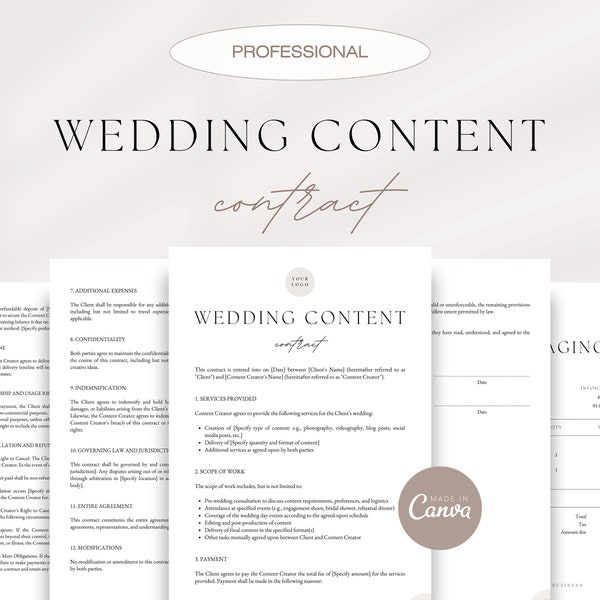 Wedding Content Contract, Professional Wedding Content Agreement, Wedding Content Creator Business Forms, Editable Wedding Media Contract