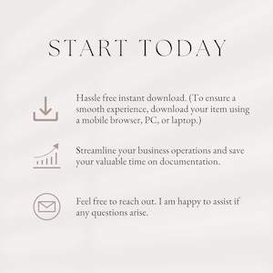 Puede incluir: Gr&aacute;fico de texto con las palabras "START TODAY" en fuente grande. Debajo del texto hay tres iconos: una flecha de descarga, un gr&aacute;fico con una flecha hacia arriba y un sobre. El texto debajo de los iconos describe los beneficios de descargar un producto digital, que incluyen acceso instant&aacute;neo, operaciones comerciales optimizadas y atenci&oacute;n al cliente.