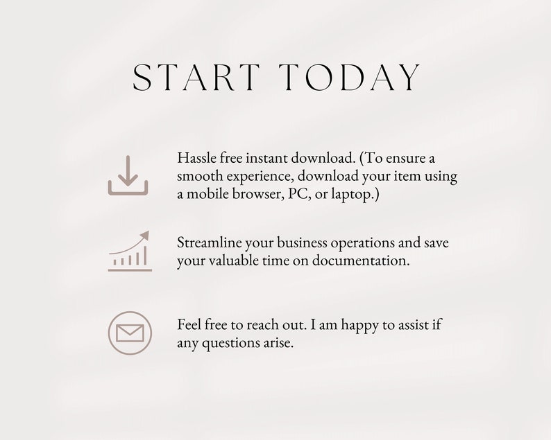 Puede incluir: Gr&aacute;fico de texto con las palabras "START TODAY" en fuente grande. Debajo del texto hay tres iconos: una flecha de descarga, un gr&aacute;fico con una flecha hacia arriba y un sobre. El texto debajo de los iconos describe los beneficios de descargar un producto digital, que incluyen acceso instant&aacute;neo, operaciones comerciales optimizadas y atenci&oacute;n al cliente.