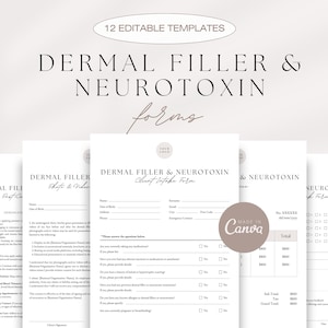 May include: Twelve editable templates for dermal filler and neurotoxin client intake forms. The forms include sections for client information, medical history, and consent. The forms are designed to be used in a professional setting.