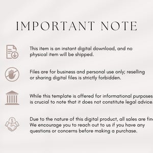 Peut inclure: Graphique de note importante avec quatre ic&ocirc;nes et du texte. Les ic&ocirc;nes sont un document avec une fl&egrave;che de t&eacute;l&eacute;chargement, une main avec un panneau d'arr&ecirc;t, un b&acirc;timent avec des colonnes et une poign&eacute;e de main avec un signe dollar. Le texte indique&nbsp;: Cet article est un t&eacute;l&eacute;chargement num&eacute;rique instantan&eacute;, et aucun article physique ne sera exp&eacute;di&eacute;. Les fichiers sont destin&eacute;s &agrave; un usage commercial et personnel uniquement&nbsp;; la revente ou le partage de fichiers num&eacute;riques est strictement interdit. Bien que ce mod&egrave;le soit propos&eacute; &agrave; des fins informatives, il est essentiel de noter qu'il ne constitue pas un avis juridique. En raison de la nature de ce produit num&eacute;rique, toutes les ventes sont finales. Nous vous encourageons &agrave; nous contacter si vous avez des questions ou des pr&eacute;occupations avant de faire un achat.