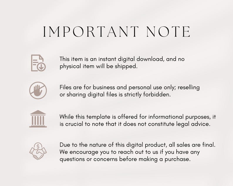 Peut inclure: Graphique de note importante avec quatre ic&ocirc;nes et du texte. Les ic&ocirc;nes sont un document avec une fl&egrave;che de t&eacute;l&eacute;chargement, une main avec un panneau d'arr&ecirc;t, un b&acirc;timent avec des colonnes et une poign&eacute;e de main avec un signe dollar. Le texte indique&nbsp;: Cet article est un t&eacute;l&eacute;chargement num&eacute;rique instantan&eacute;, et aucun article physique ne sera exp&eacute;di&eacute;. Les fichiers sont destin&eacute;s &agrave; un usage commercial et personnel uniquement&nbsp;; la revente ou le partage de fichiers num&eacute;riques est strictement interdit. Bien que ce mod&egrave;le soit propos&eacute; &agrave; des fins informatives, il est essentiel de noter qu'il ne constitue pas un avis juridique. En raison de la nature de ce produit num&eacute;rique, toutes les ventes sont finales. Nous vous encourageons &agrave; nous contacter si vous avez des questions ou des pr&eacute;occupations avant de faire un achat.
