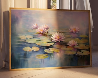 May include: A framed painting of pink water lilies with green lily pads floating on a blue pond. The painting is in a gold frame and is hanging on a wall.