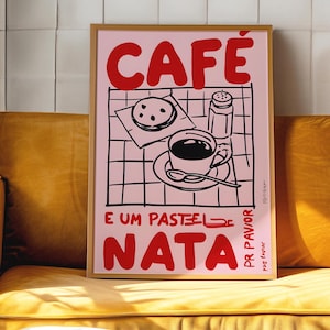 Impression pastel de nata Art mural rose, affiche rose rouge, crème pâtissière du Portugal, pâtisserie, impression de café, affiche rétro portugaise de café, art mural