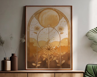 May include: A framed print of a watercolor illustration featuring a stylized moon, stars, and flowers in shades of brown and yellow. The print is hanging above a wooden cabinet and a green armchair.