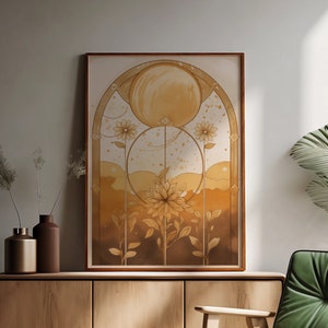 Flower Moon Art Poster Folk Illustration Print, Spiritual Mystical Artwork, Floral Vintage Boho Bedroom Decor, Yellow Orange Earthy Flowers