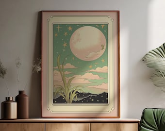 Plant Moon Art Poster Folk Illustration Print, Spiritual Mystical Artwork Mystic Vintage Boho Bedroom Decor, Sage Green Wall Art, Baby Pink