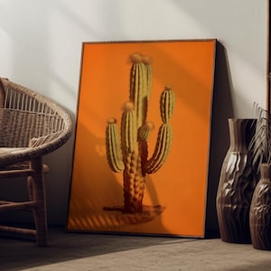 Arte de pared vintage con cactus naranja, impresión de postre, póster retro para exteriores, arte de pared de cabaña de Arizona, impresión botánica del salvaje oeste del desierto con cactus