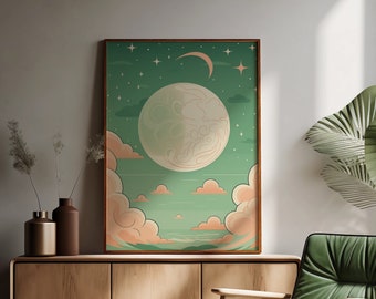 May include: A green and white illustration of a crescent moon and a full moon with clouds and stars in the background. The illustration is framed and hanging on a wall above a wooden cabinet and a green armchair.