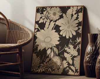 Black and Beige Floral Print: Modern Abstract Botanical Art (Digital Download)