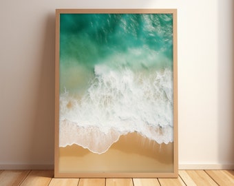 Aerial Beach Print, Turquoise Ocean Waves Photo, Coastal Wall Art (Digital Download)
