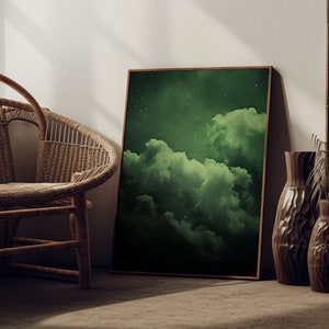 Celestial Night Sky Poster, Vintage Moody Cloud And Stars Wall Decor, Dark Academia, Emerald Green Cloud, Moon Print, Star Gazing Oil Paint