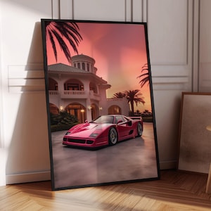 Red Ferrari Mansion Art Print: Vintage Car Poster (Digital Download)