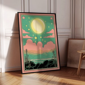 Mystische Sonne Poster, Folk Illustration Druck, spirituelle Wolke Wandkunst, Vintage Boho Schlafzimmer Dekor, Sonne Poster, grün rosa Retro Wandkunst