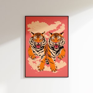 Impresión de tigre japonés arte de pared rosa audaz, decoración de la habitación de moda, cartel de tigres frescos y feroces, impresión de pared estética de arte de pared maximalista, cartel rosa