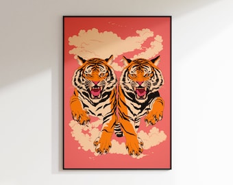 Japanese Tiger Print: Bold Pink Maximalist Wall Art (Digital Download)